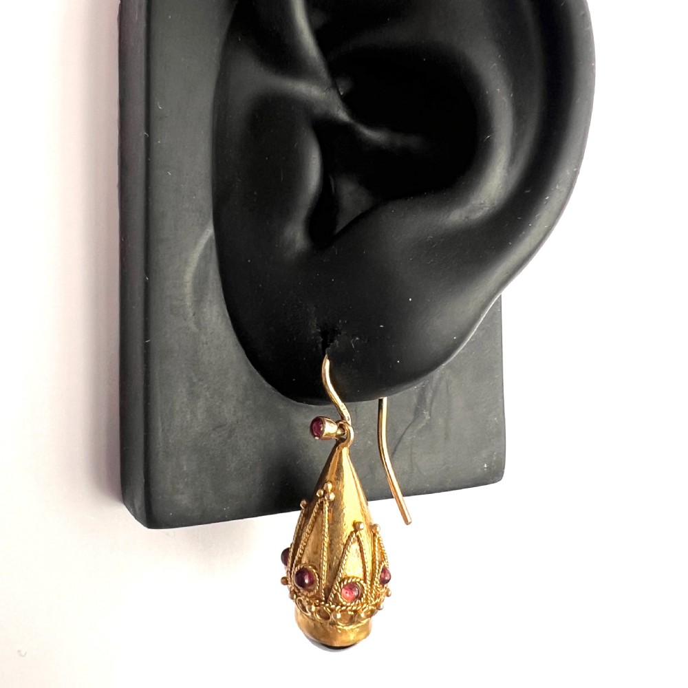 Victorian Garnet Etruscan Golden Teardrop Earrings View VIII
