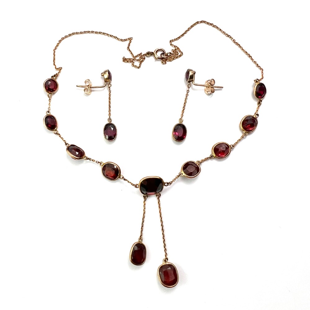 Edwardian Garnet 9CT Gold Earrings and Negligee Necklace View II