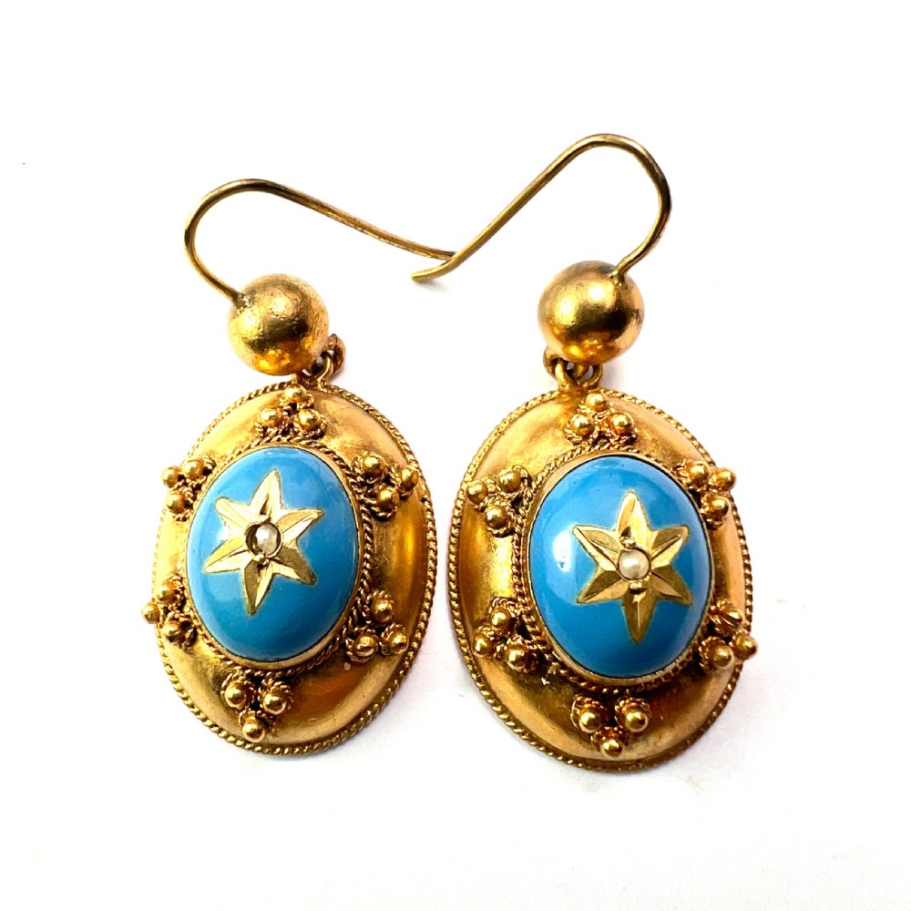 Victorian Turquoise Enamel Gilt Star Earrings View II