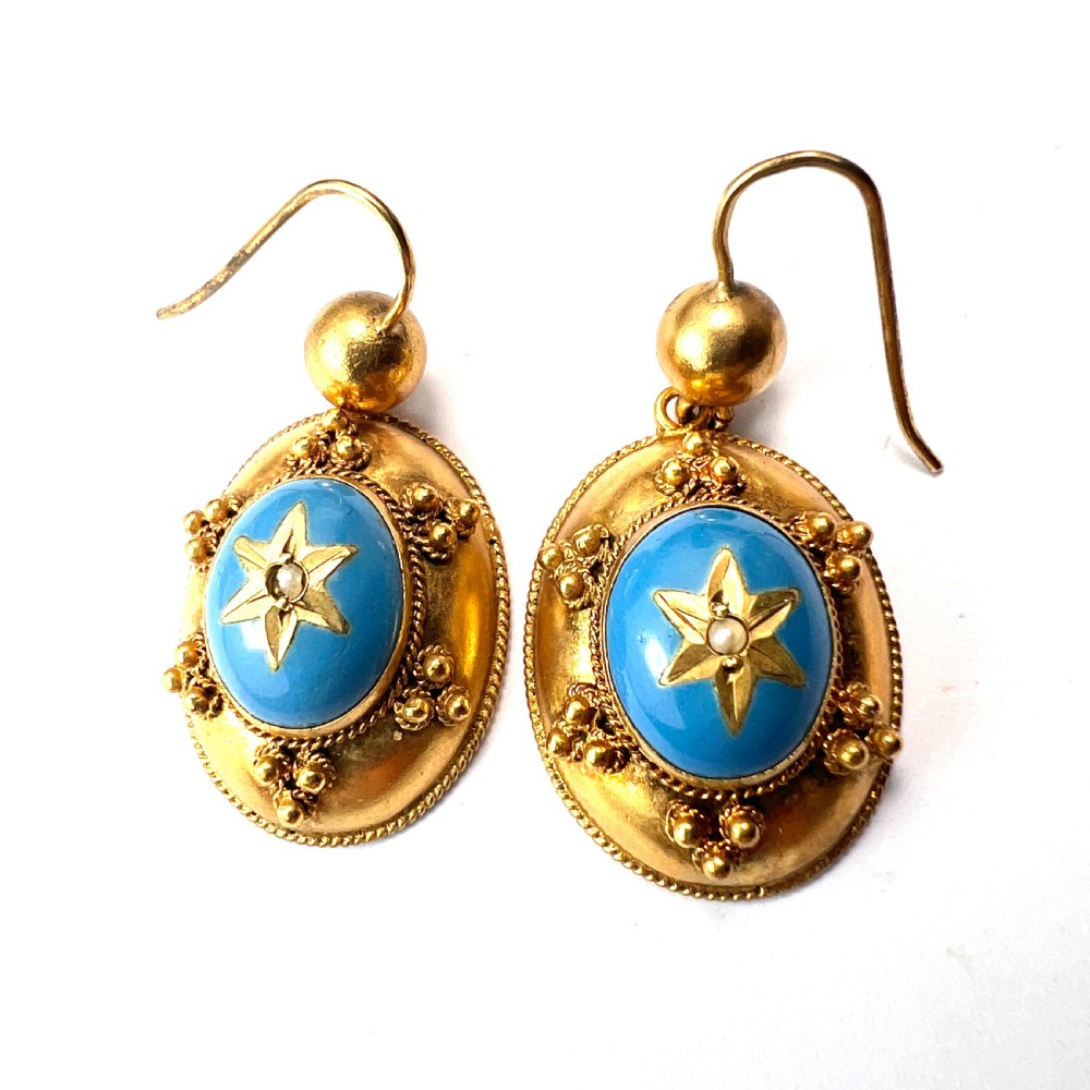 Victorian Turquoise Enamel Gilt Star Earrings View III