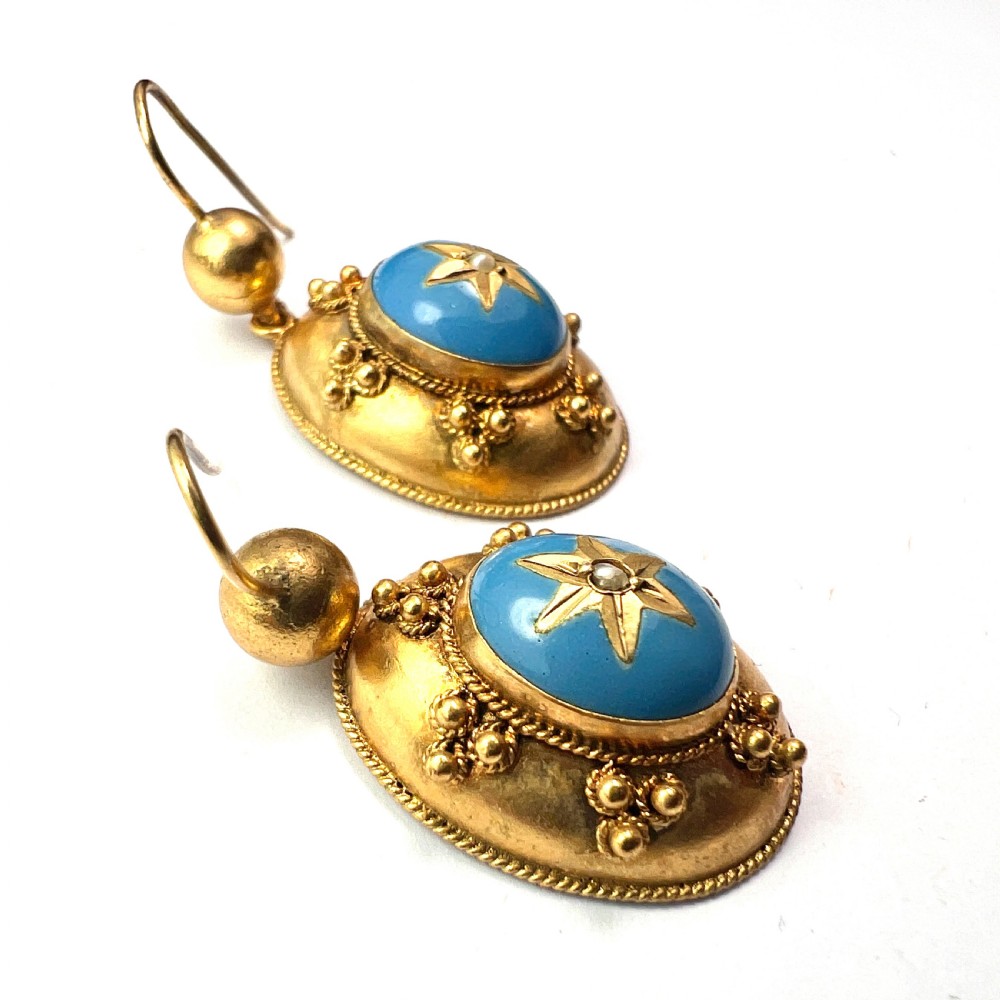 Victorian Turquoise Enamel Gilt Star Earrings View IV
