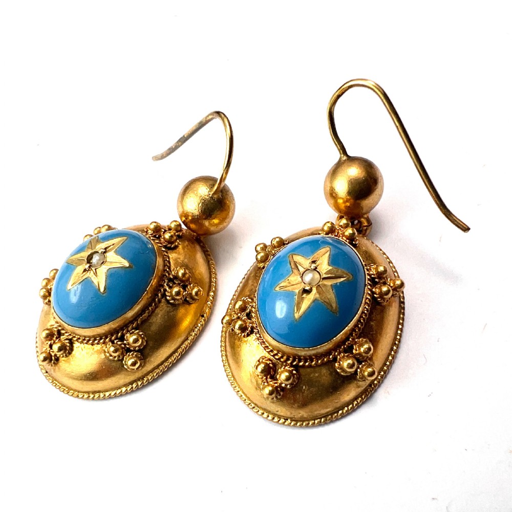 Victorian Turquoise Enamel Gilt Star Earrings View V