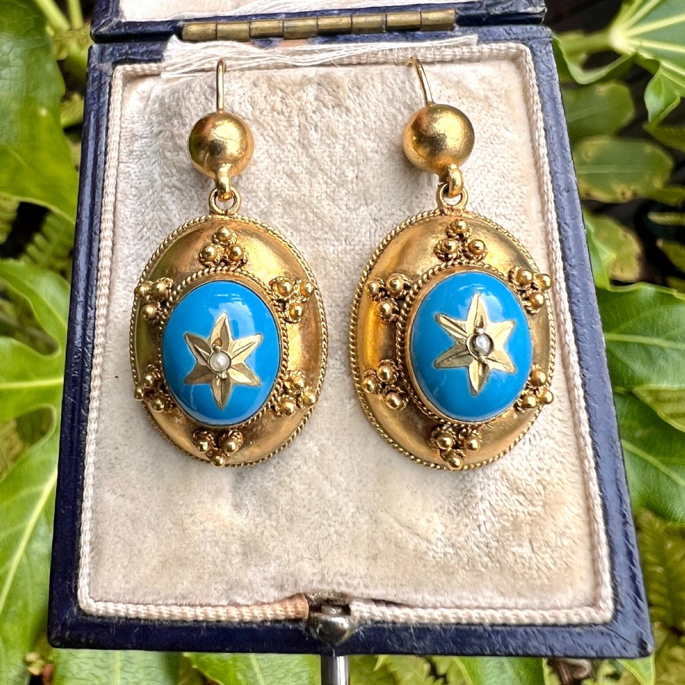 Victorian Turquoise Enamel Gilt Star Earrings View VI