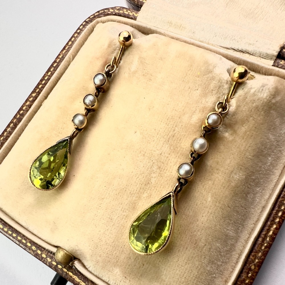Edwardian Gold Pearl and Peridot Drop Earrings View II