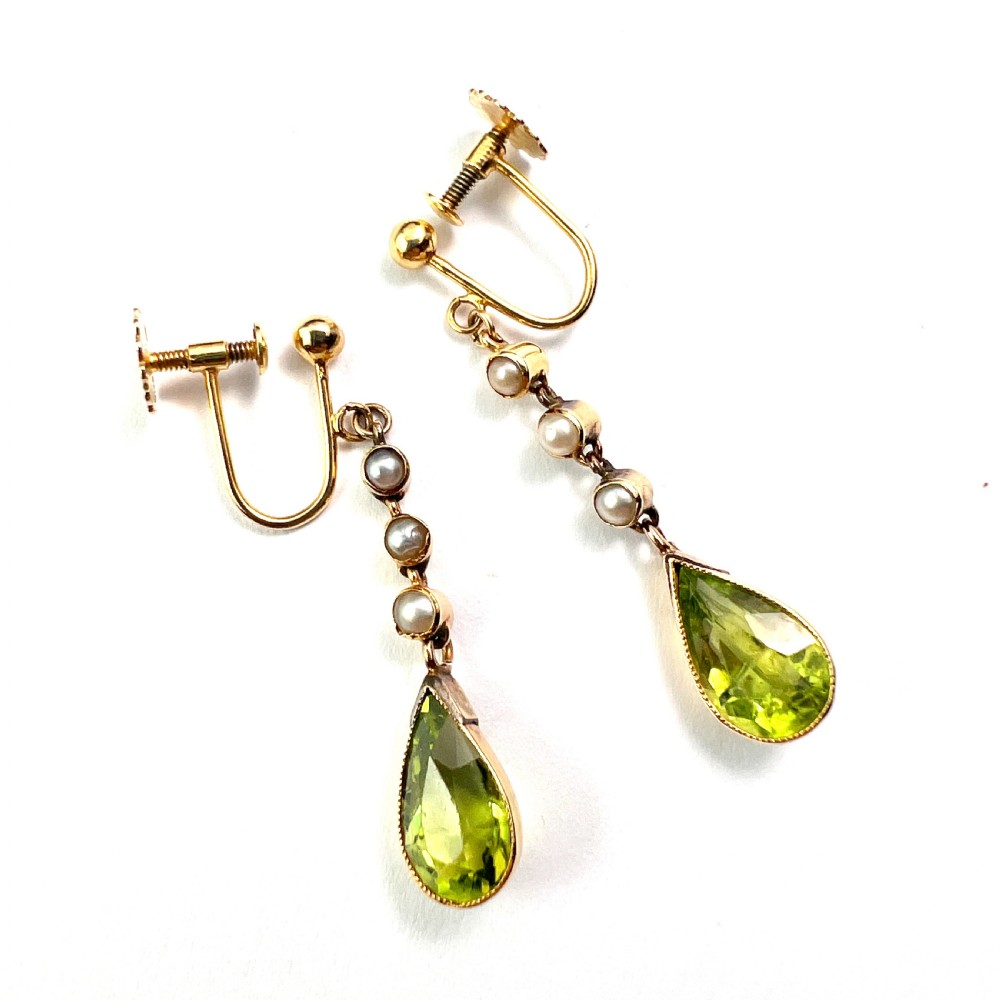 Edwardian Gold Pearl and Peridot Drop Earrings View III