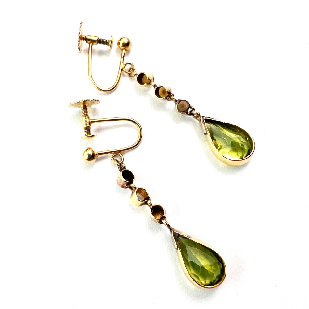 Edwardian Gold Pearl and Peridot Drop Earrings View V