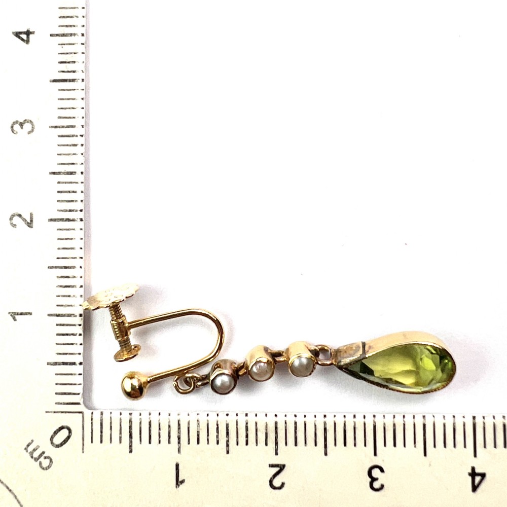 Edwardian Gold Pearl and Peridot Drop Earrings View VII