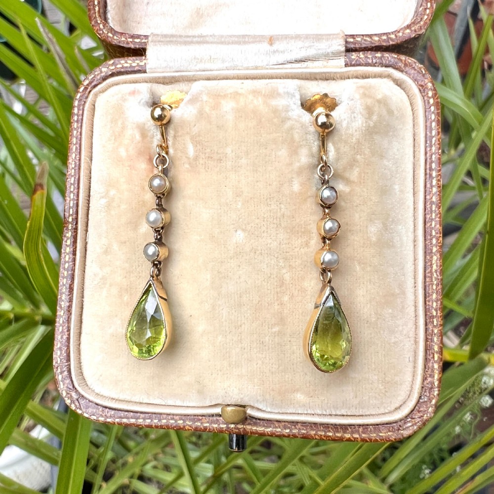 Edwardian Gold Pearl and Peridot Drop Earrings View VIII