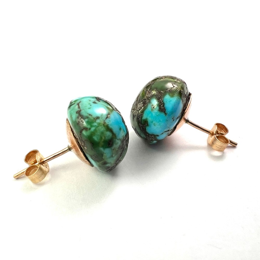 Arts and Crafts 9CT Gold Raw Turquoise Stud Earrings View II