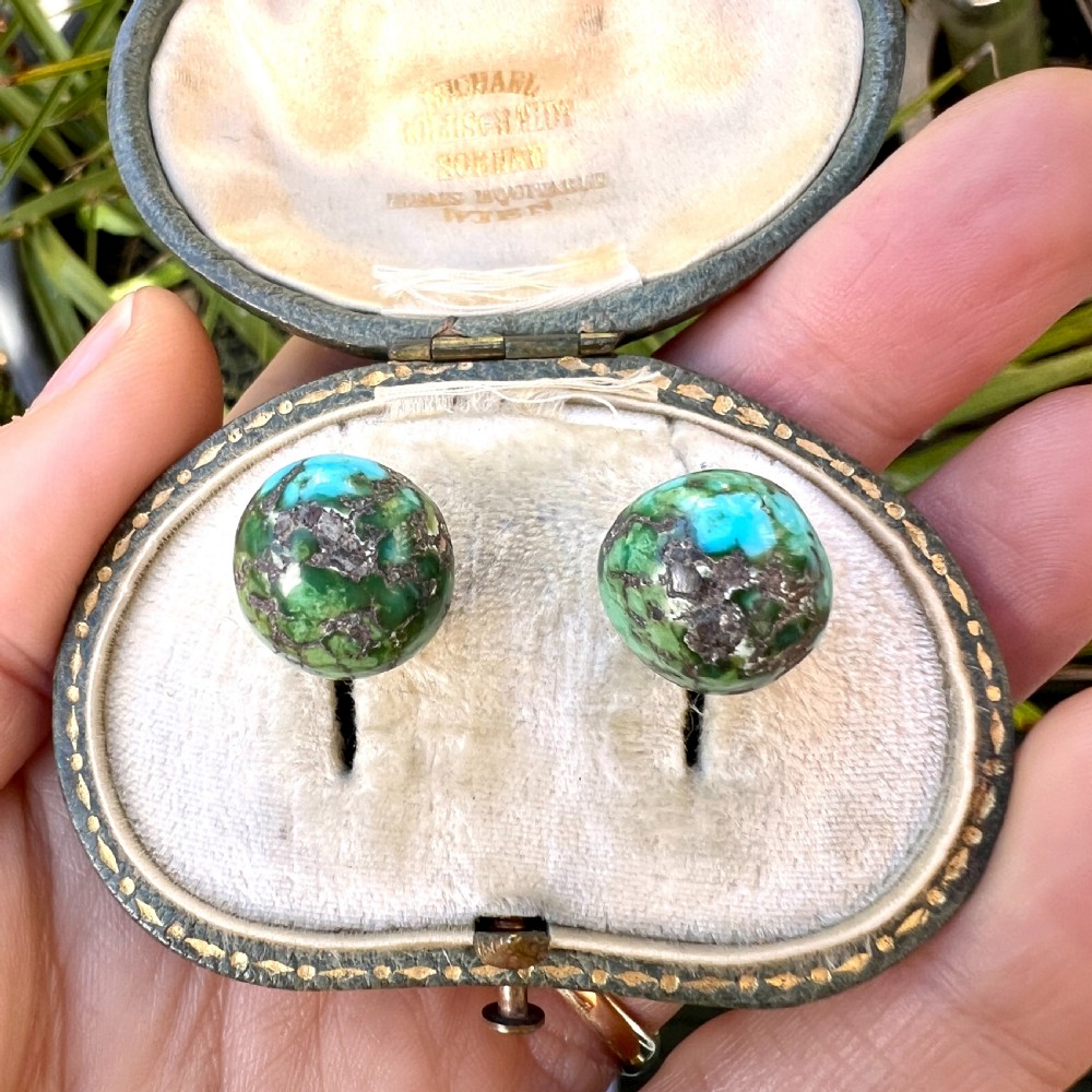 Arts and Crafts 9CT Gold Raw Turquoise Stud Earrings View IX