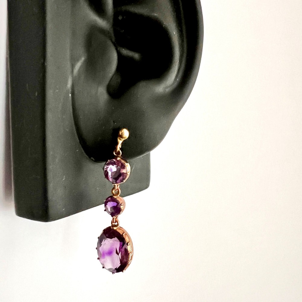 Victorian Gold Amethyst Triple Drop Earrings