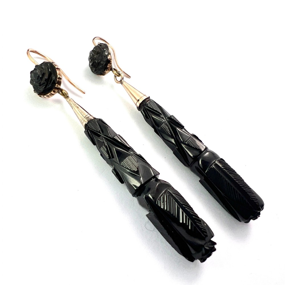 Large Victorian Carved Whitby Jet Gold Earrings