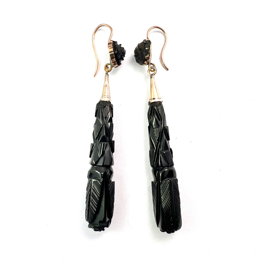 Large Victorian Carved Whitby Jet Gold Earrings View II