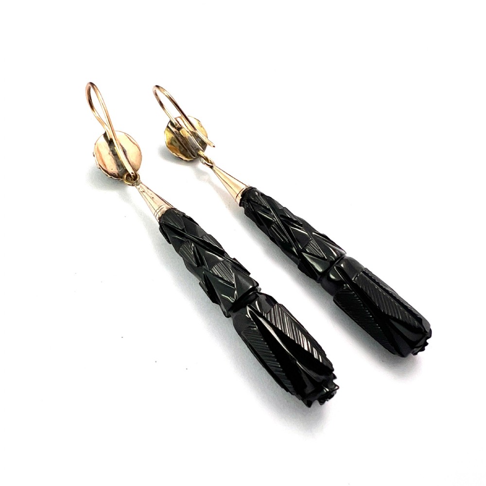 Large Victorian Carved Whitby Jet Gold Earrings View III