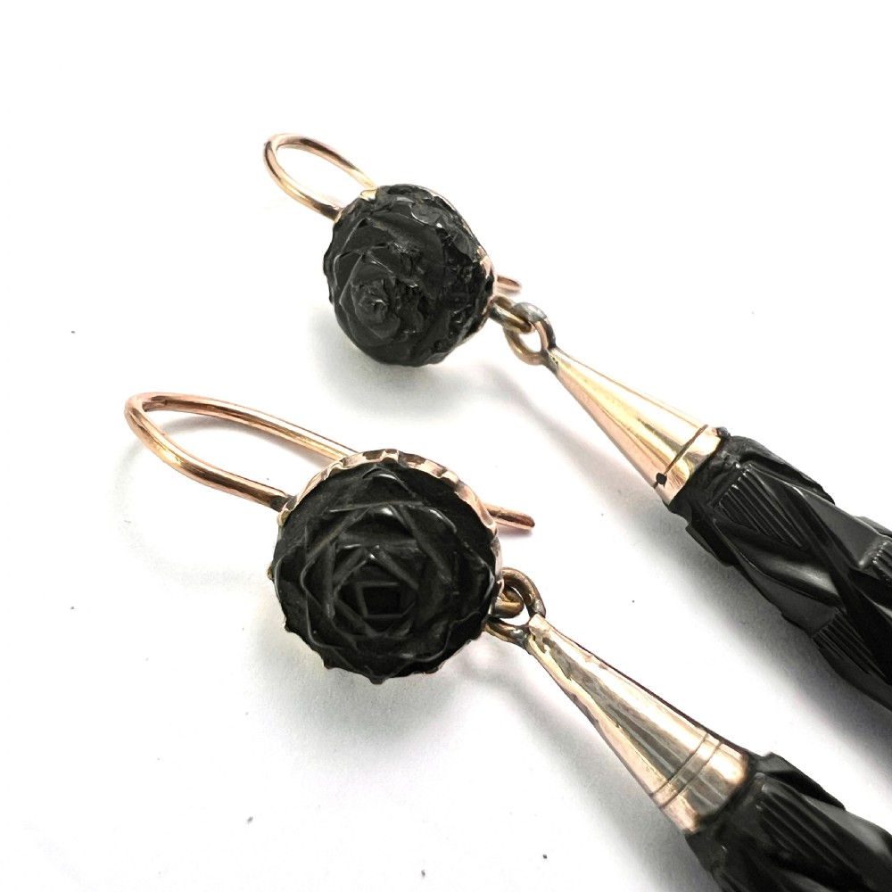 Large Victorian Carved Whitby Jet Gold Earrings View IV