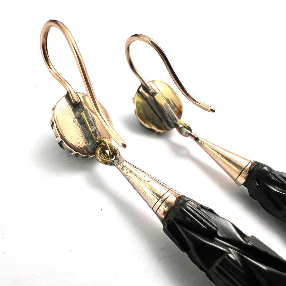 Large Victorian Carved Whitby Jet Gold Earrings View V