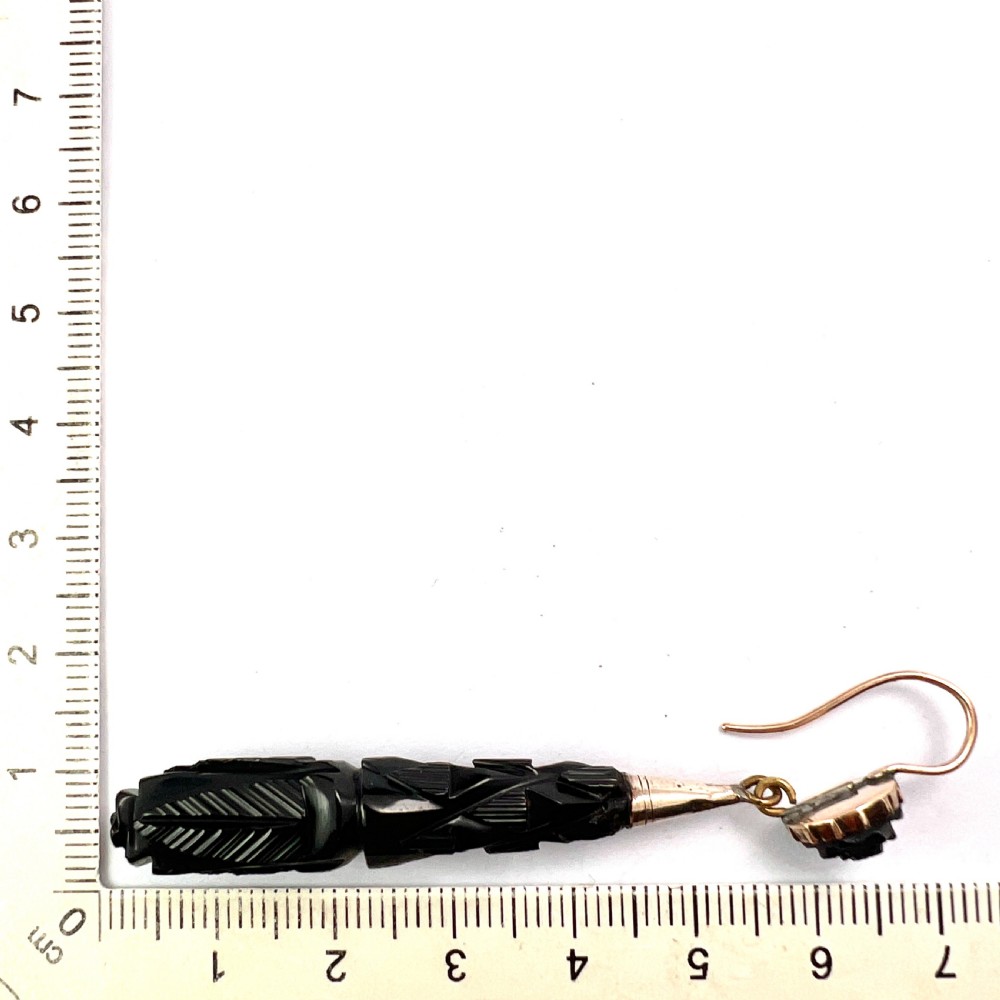 Large Victorian Carved Whitby Jet Gold Earrings View VI