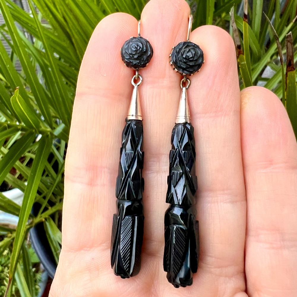Large Victorian Carved Whitby Jet Gold Earrings View VII