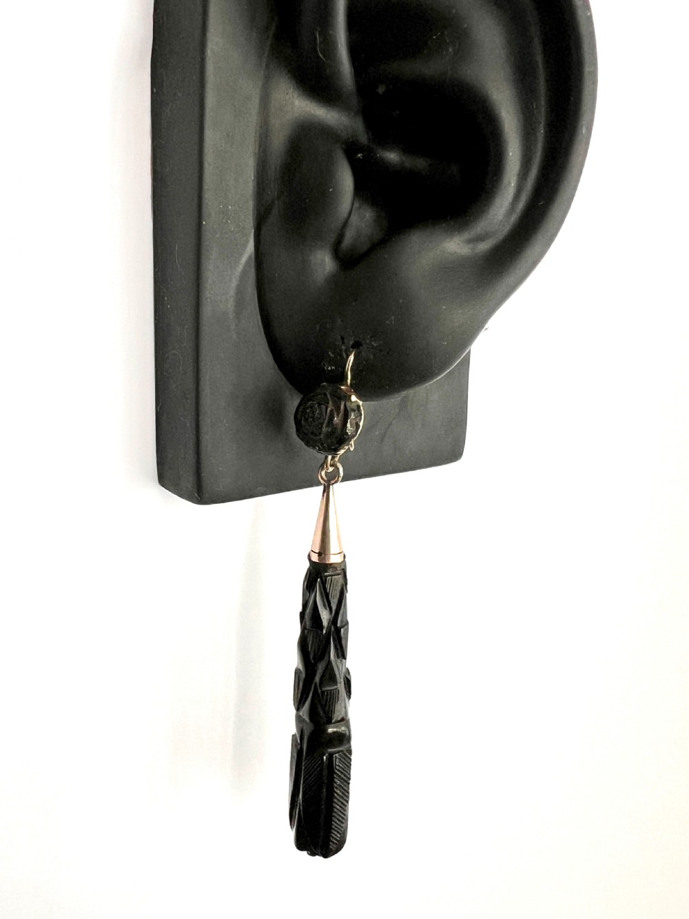 Large Victorian Carved Whitby Jet Gold Earrings View VIII