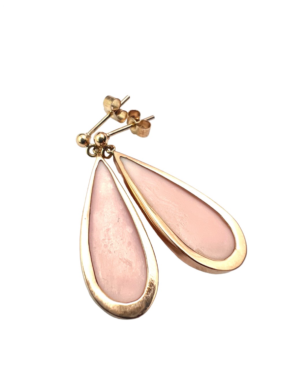 A pair of teardrop-shaped 9ct gold drop earrings featuring carved shell cameos with classical profile portraits set against a pink shell background. View III