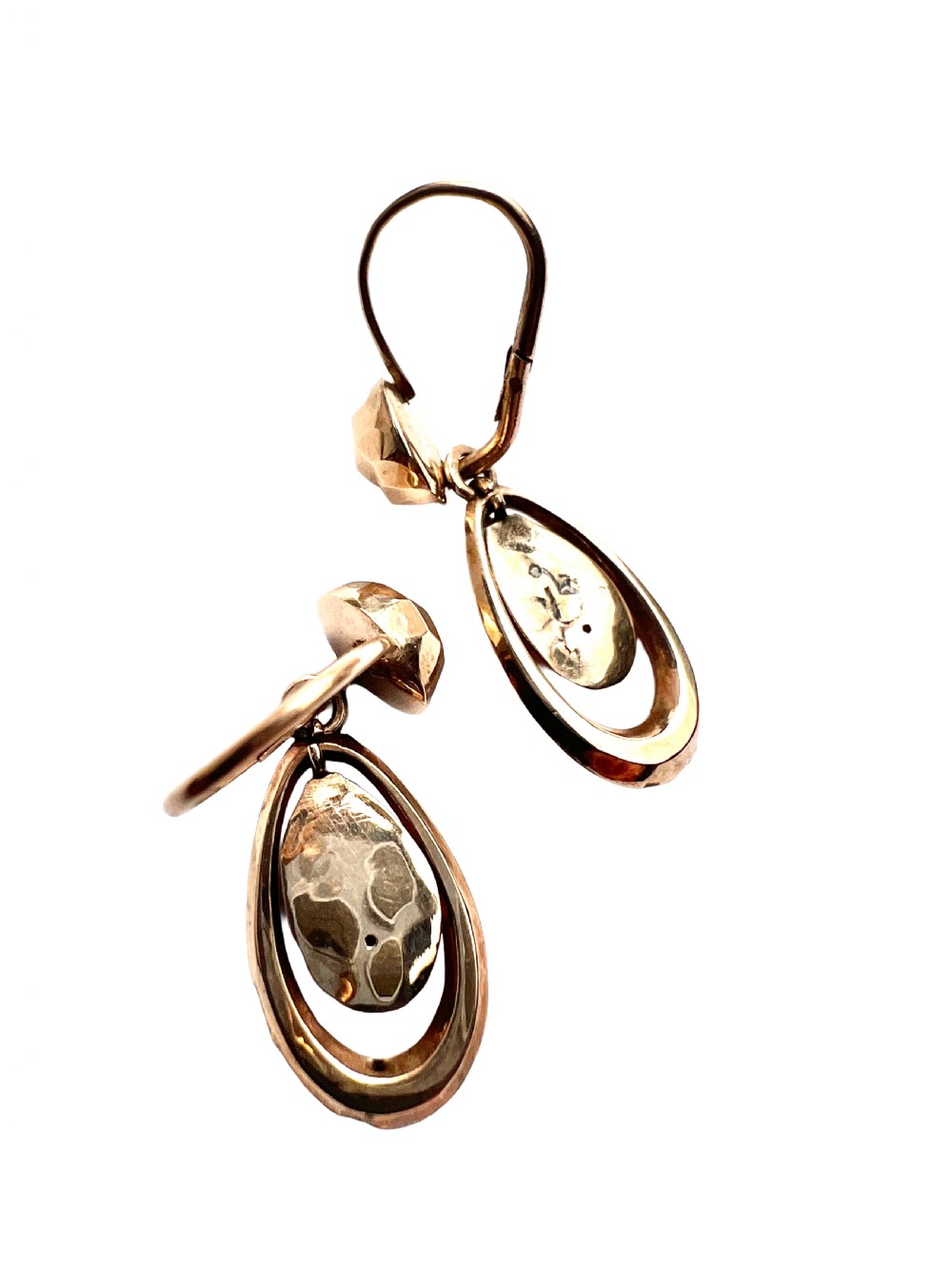 Pair of Victorian 9ct gold drop earrings featuring faceted top beads and suspended teardrops within oval hoops. View IV