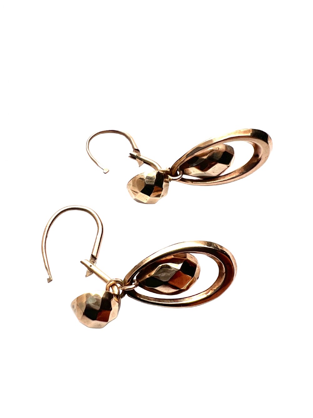 Pair of Victorian 9ct gold drop earrings featuring faceted top beads and suspended teardrops within oval hoops. View V