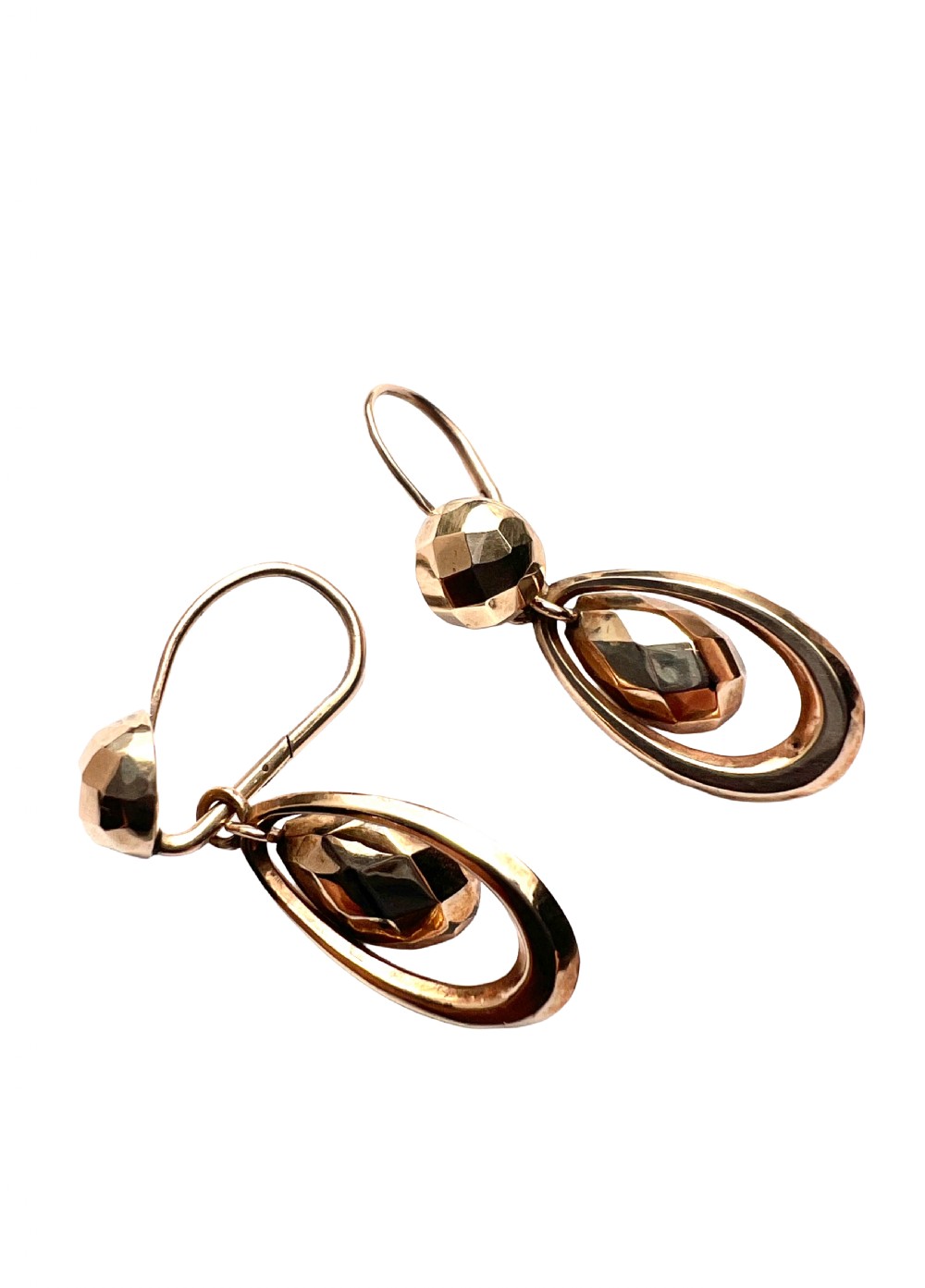 Pair of Victorian 9ct gold drop earrings featuring faceted top beads and suspended teardrops within oval hoops. View VI