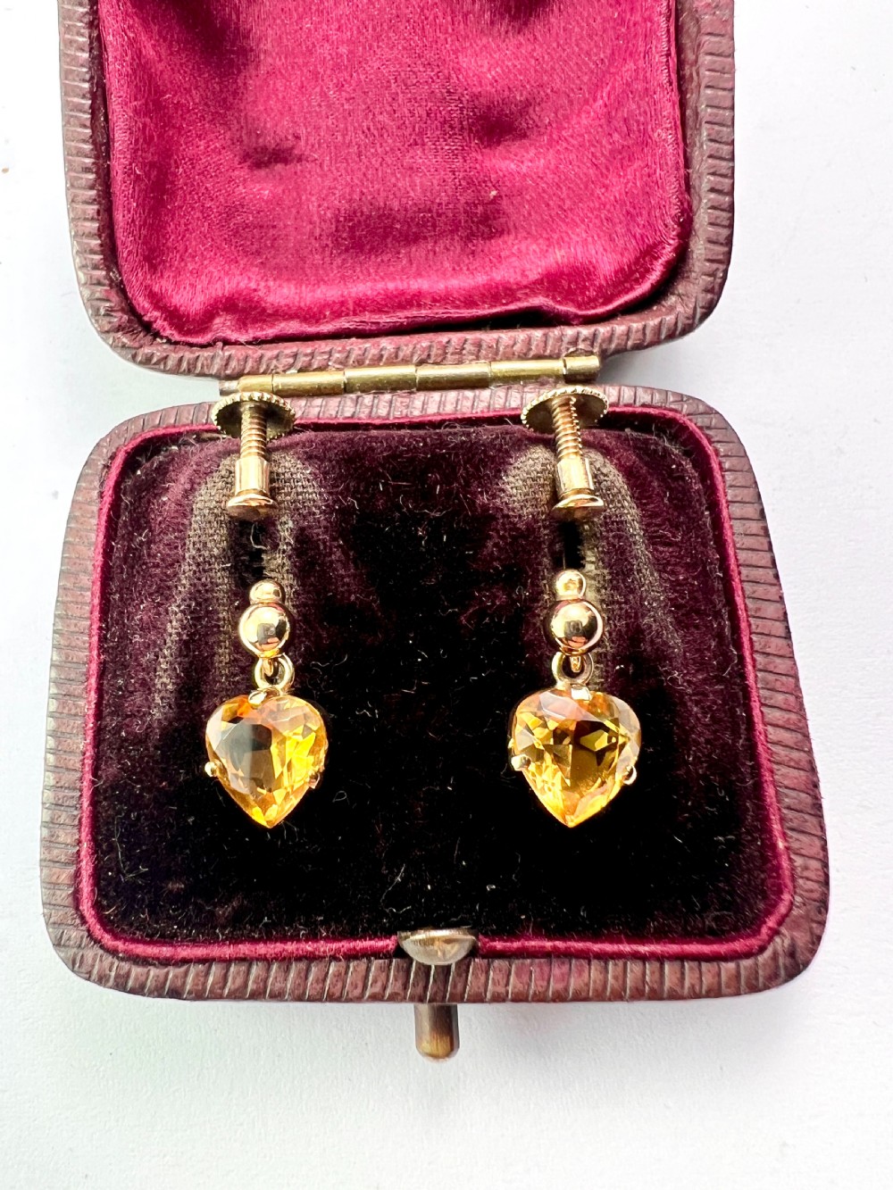 Vintage Deakin & Francis 9CT Gold Citrine Heart Drop Earrings View II