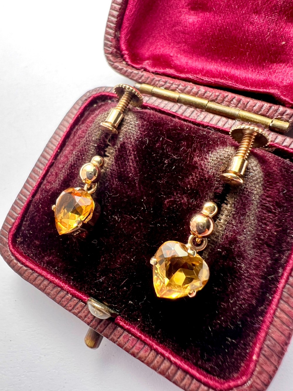 Vintage Deakin & Francis 9CT Gold Citrine Heart Drop Earrings View III