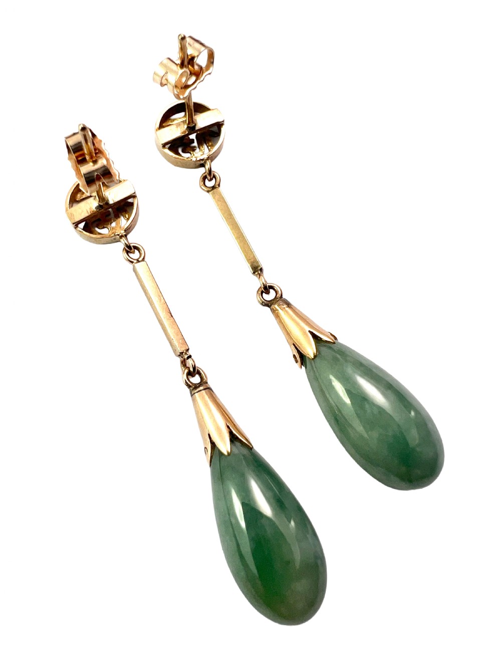 A pair of gold drop earrings featuring circular tops with pierced Chinese characters, slender gold bar links, and teardrop-shaped green jade stones. View V