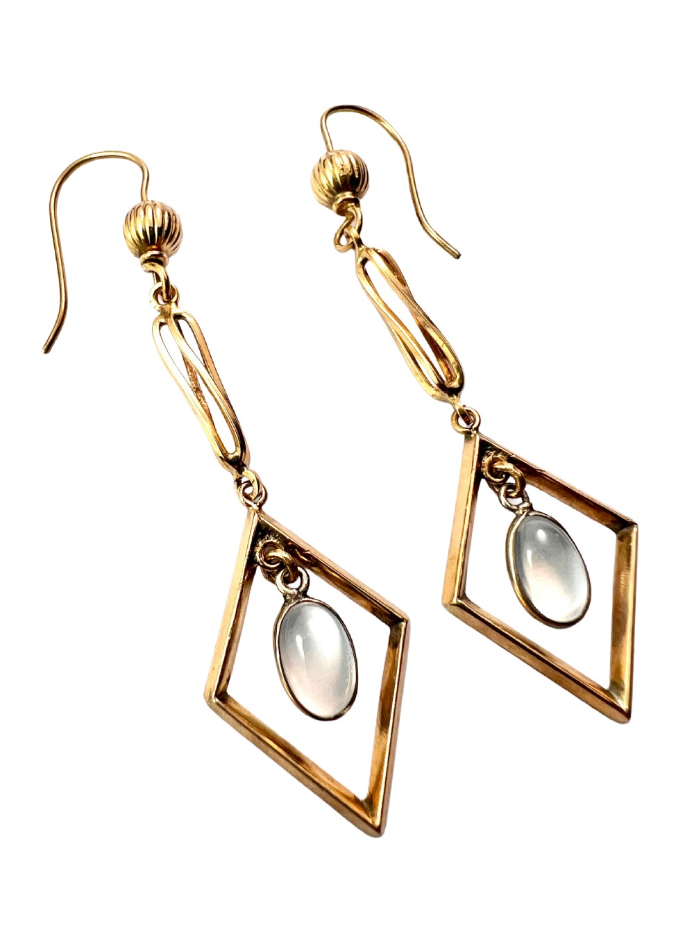 A pair of yellow gold drop earrings featuring ribbed shepherd hooks, linear twisted wire links, and open diamond-shaped frames containing oval moonstone cabochons. View II