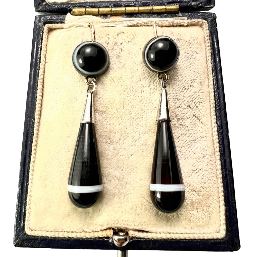 Victorian Agate Gold and Silver Teardrop Earrings