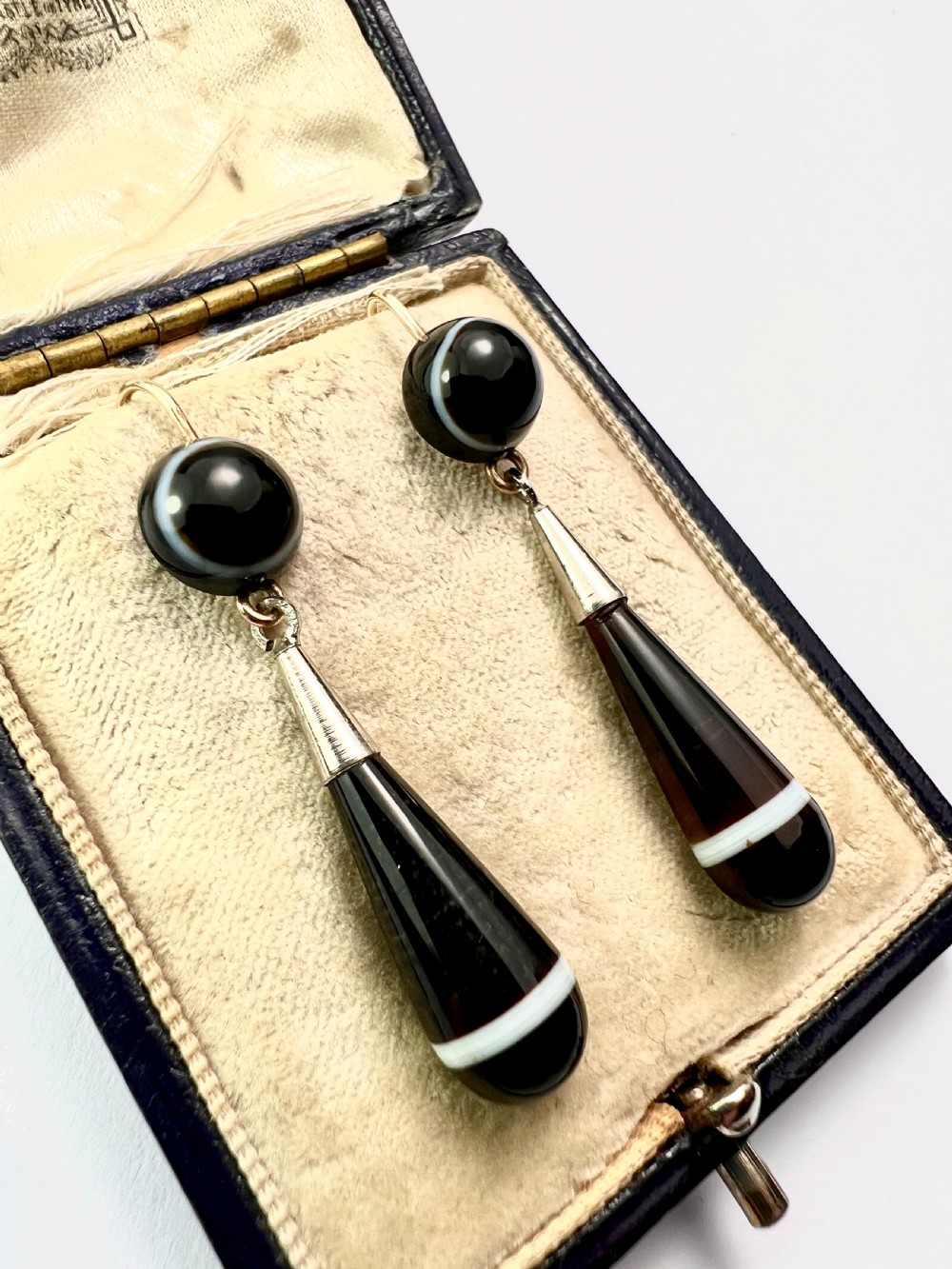 Victorian Agate Gold and Silver Teardrop Earrings View III