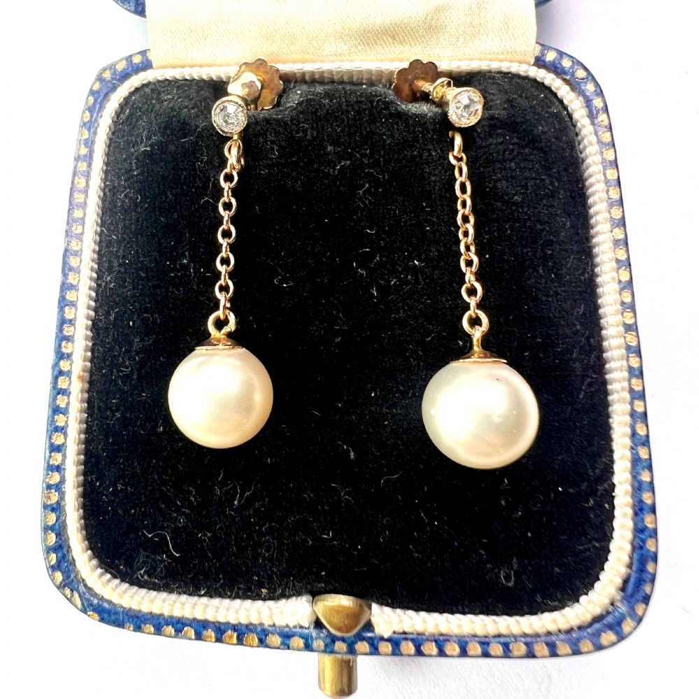Antique 9CT Gold Pearl Chain Drop Earrings
