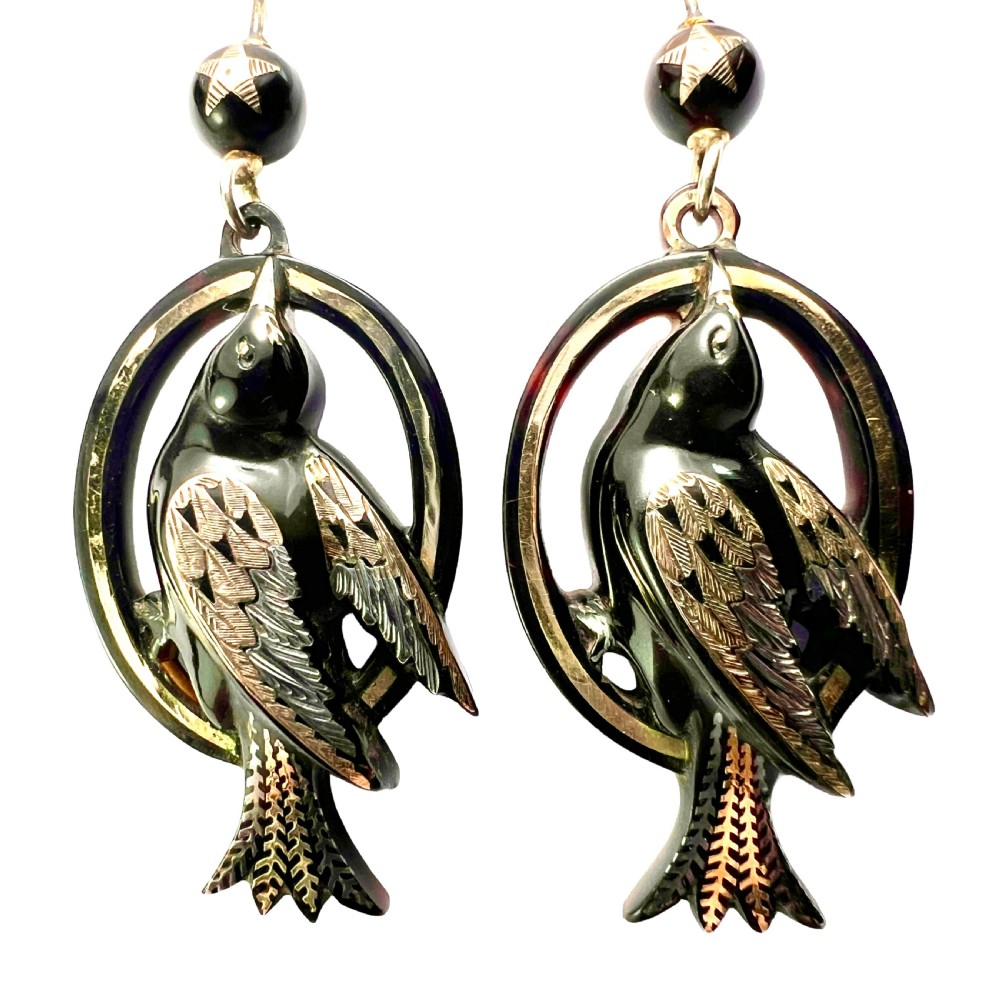 Victorian Gold and Silver Pique Bird Star Earrings View II