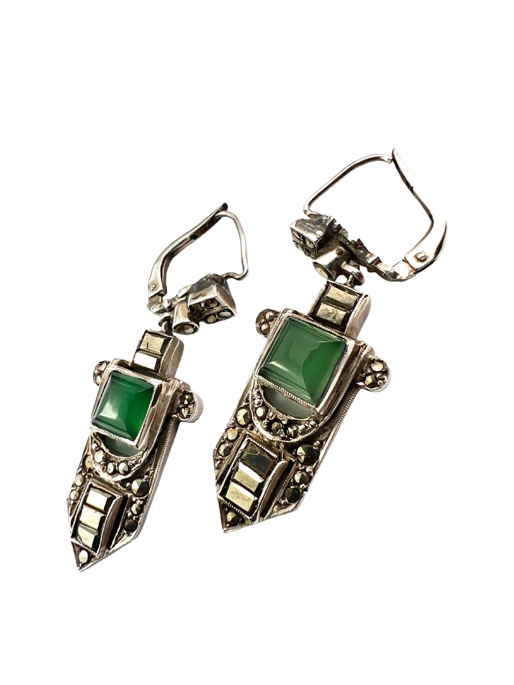 A pair of silver Art Deco drop earrings featuring square green chrysoprase cabochons within geometric stepped frames set with marcasite stones. View IV