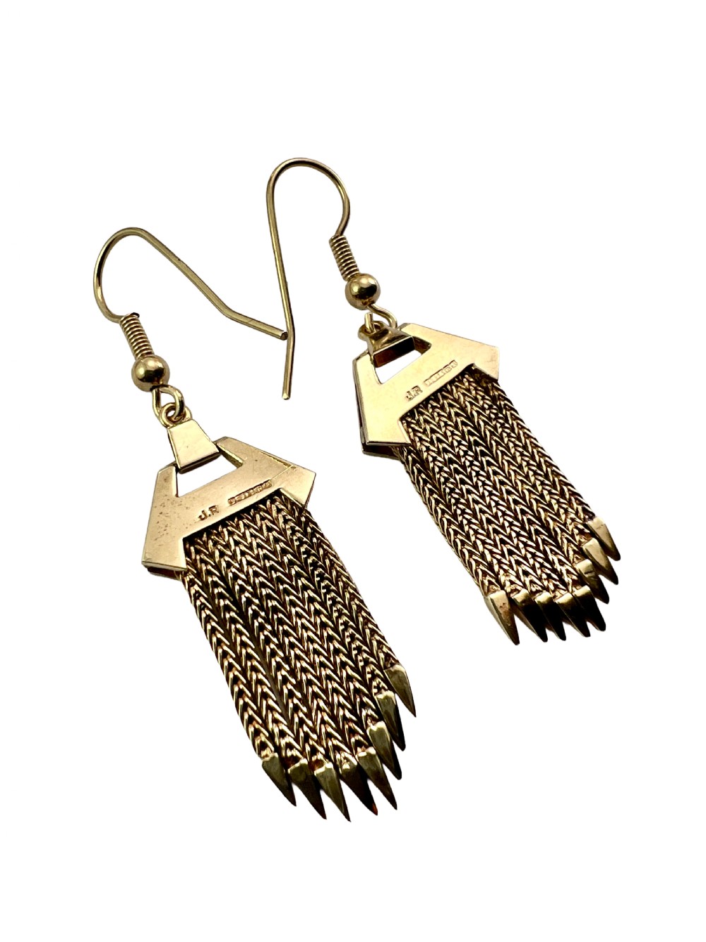 A pair of vintage 9ct gold drop earrings featuring textured geometric caps suspending multiple foxtail chain tassels with pointed tips. View III