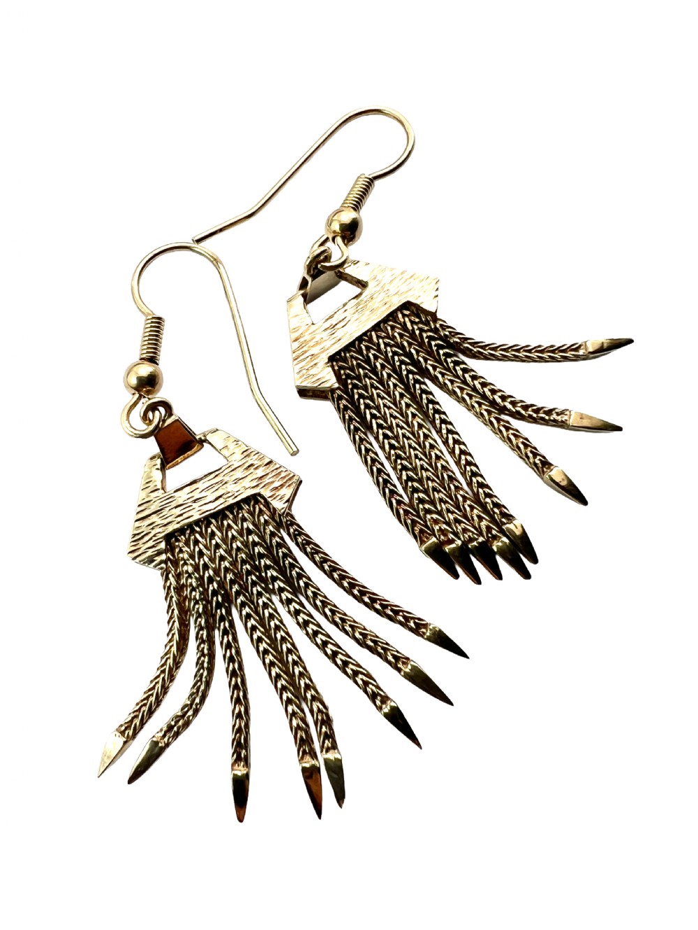 A pair of vintage 9ct gold drop earrings featuring textured geometric caps suspending multiple foxtail chain tassels with pointed tips. View IV