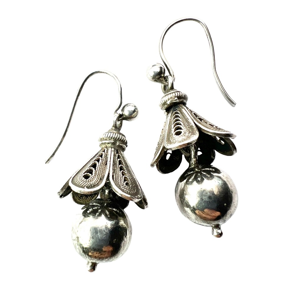 Rare Antique Silver Filigree Bell Flower Earrings
