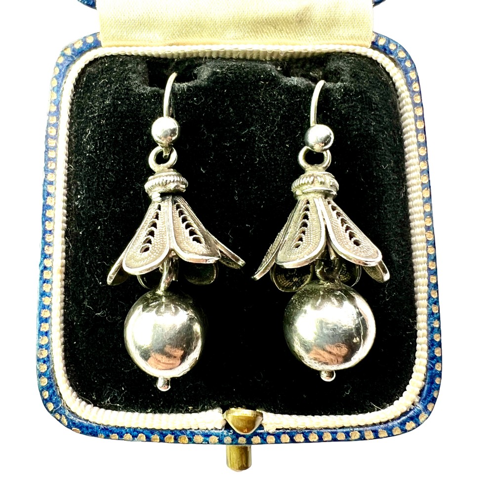 Rare Antique Silver Filigree Bell Flower Earrings View II