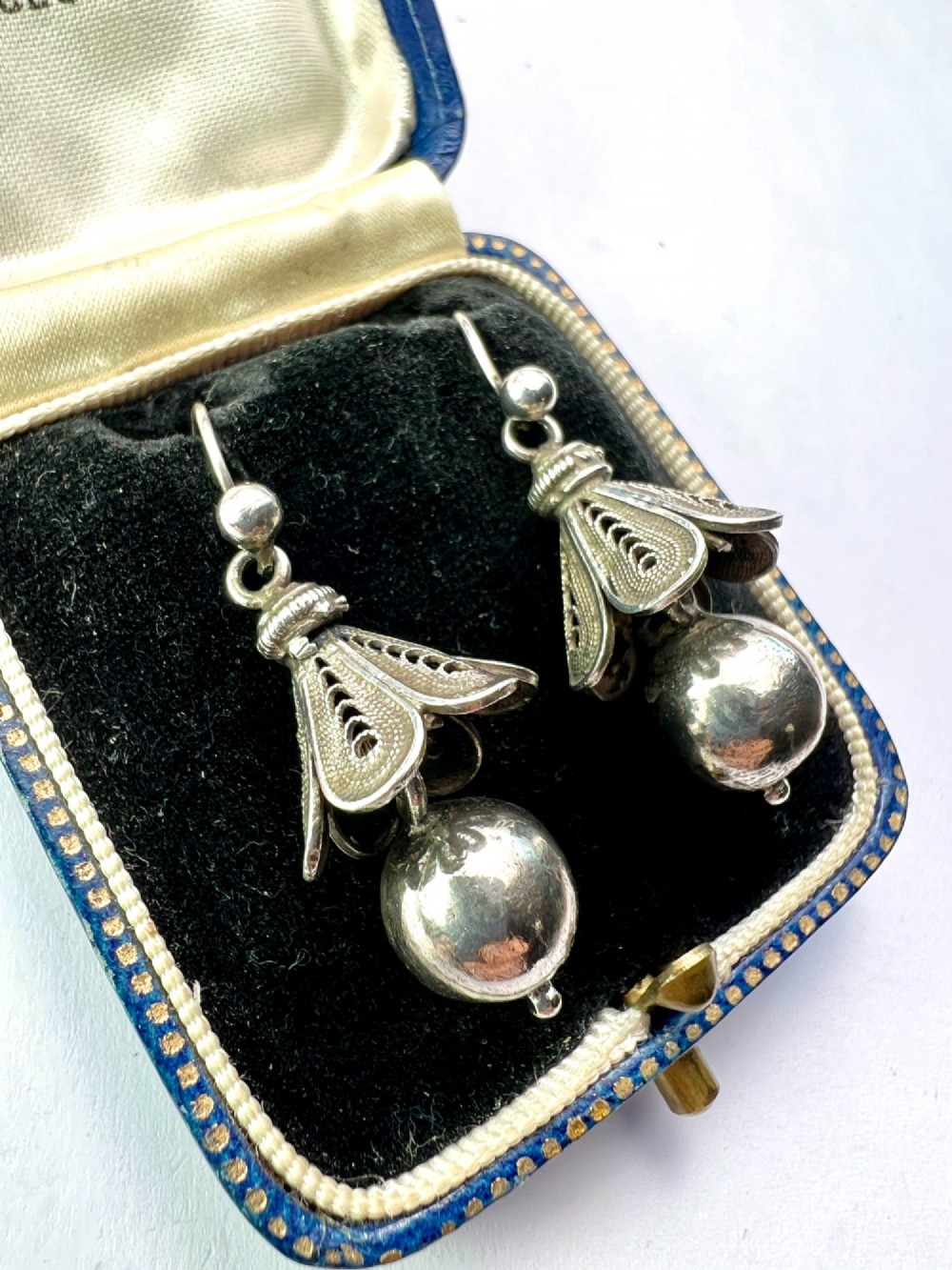 Rare Antique Silver Filigree Bell Flower Earrings View III