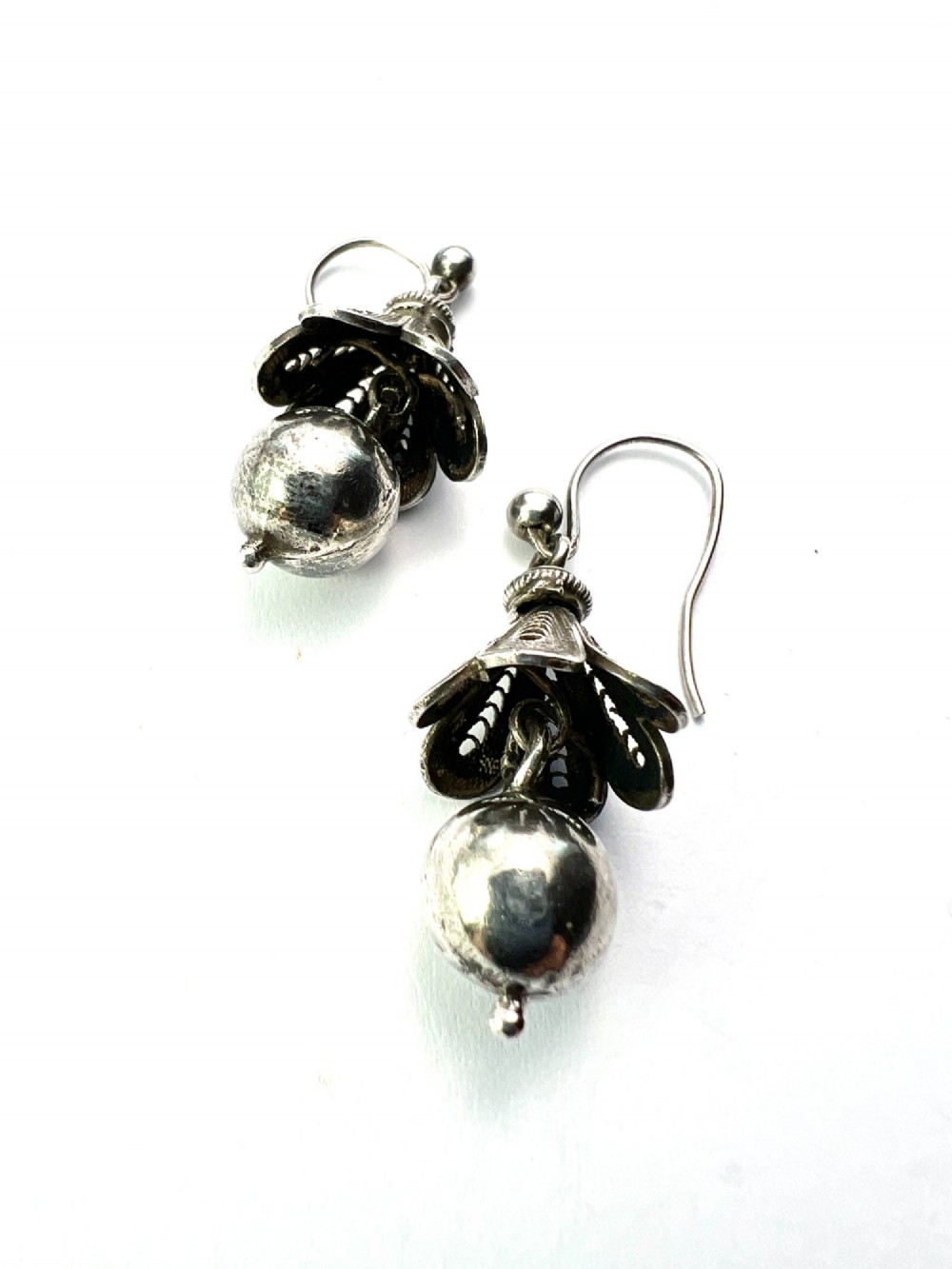 Rare Antique Silver Filigree Bell Flower Earrings View IV