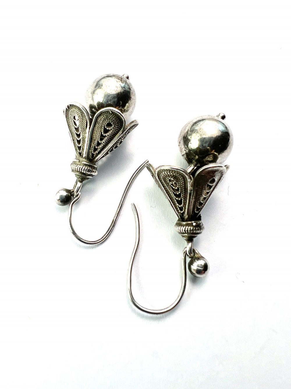 Rare Antique Silver Filigree Bell Flower Earrings View V