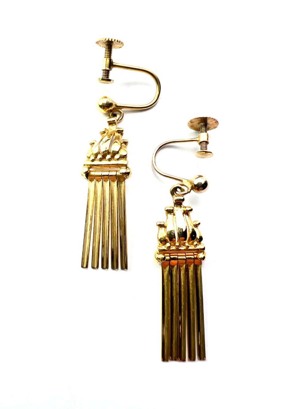 A pair of vintage 9ct yellow gold drop earrings featuring articulated fringe tassels suspended from decorative caps with screw-back fastenings. View III