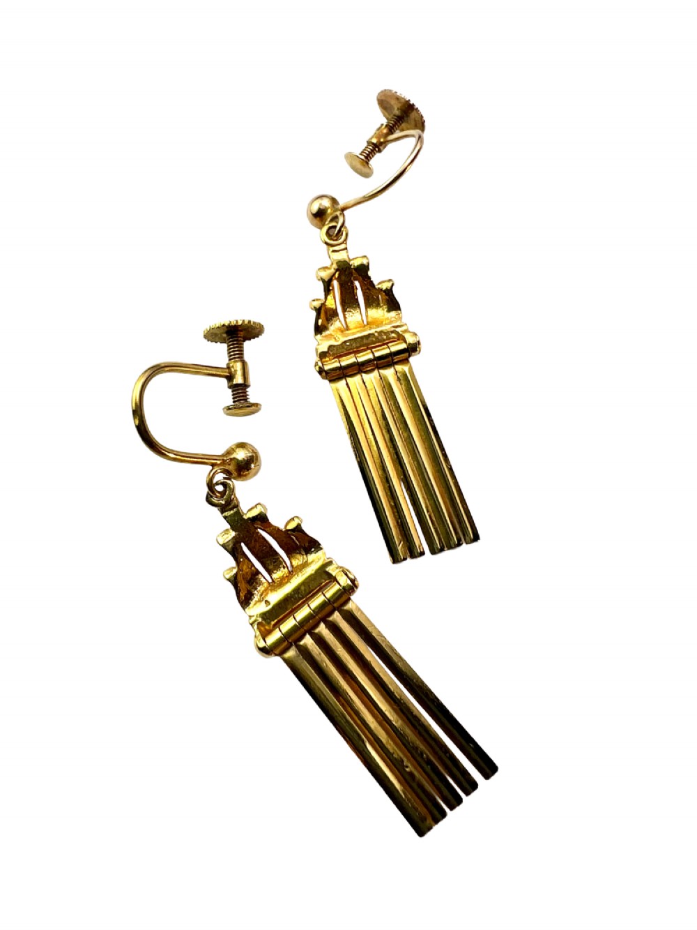 A pair of vintage 9ct yellow gold drop earrings featuring articulated fringe tassels suspended from decorative caps with screw-back fastenings. View V
