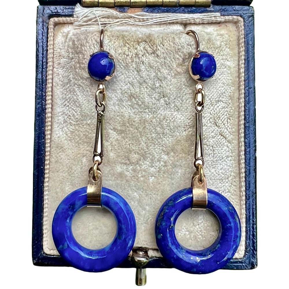 Rare Art Deco Lapis Lazuli Gold Torus Earrings
