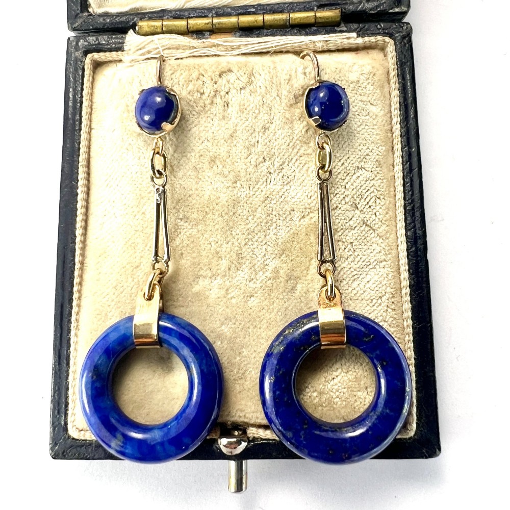 Rare Art Deco Lapis Lazuli Gold Torus Earrings View II