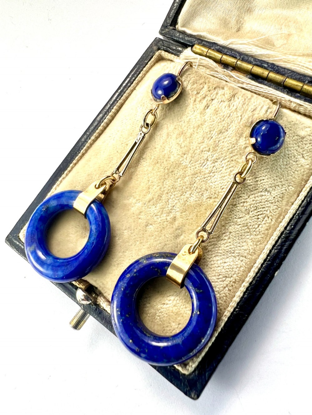 Rare Art Deco Lapis Lazuli Gold Torus Earrings View III