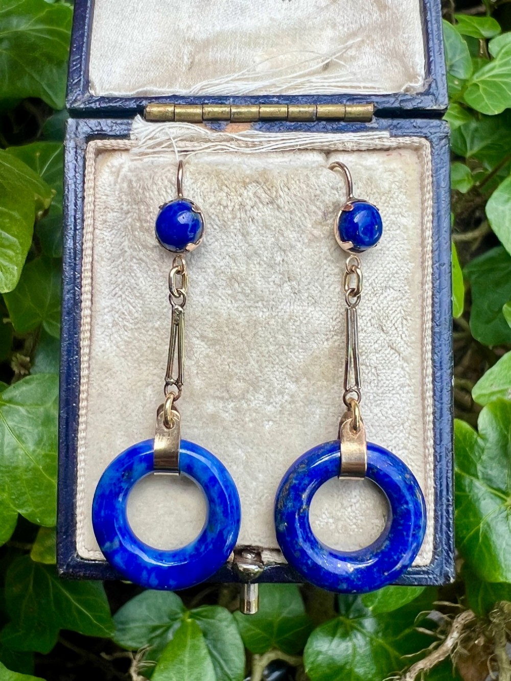 Rare Art Deco Lapis Lazuli Gold Torus Earrings View X