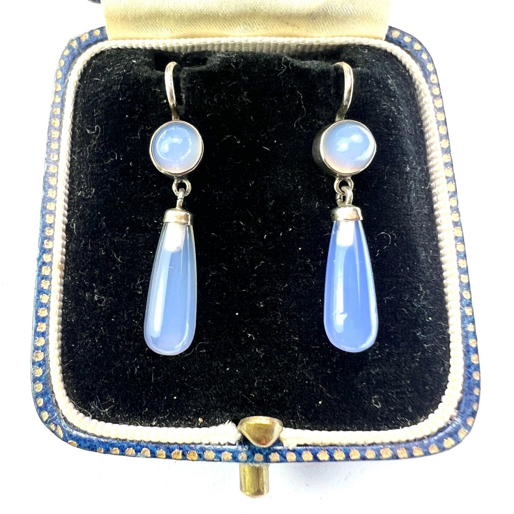 Antique Silver Chalcedony Teardrop Earrings